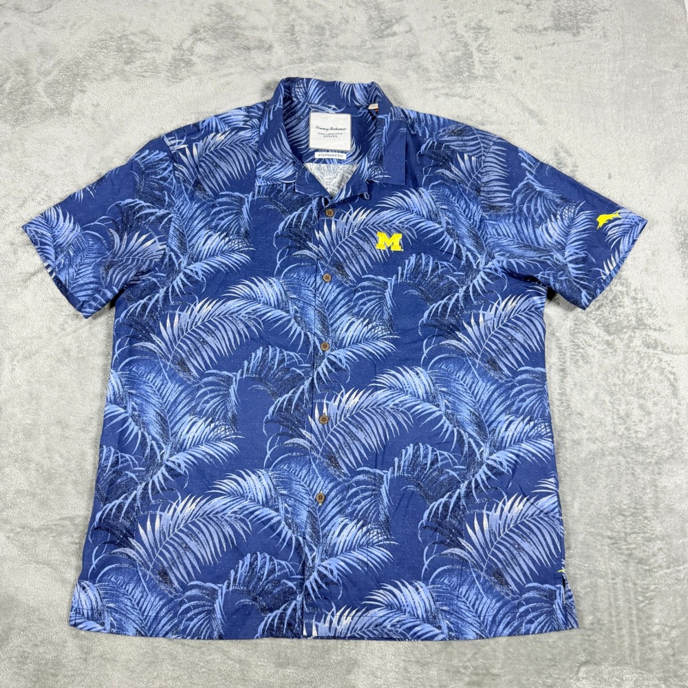 Tommy Bahama Mens XL Button Down Shirt Michigan Wolverines Silk Palm Blue